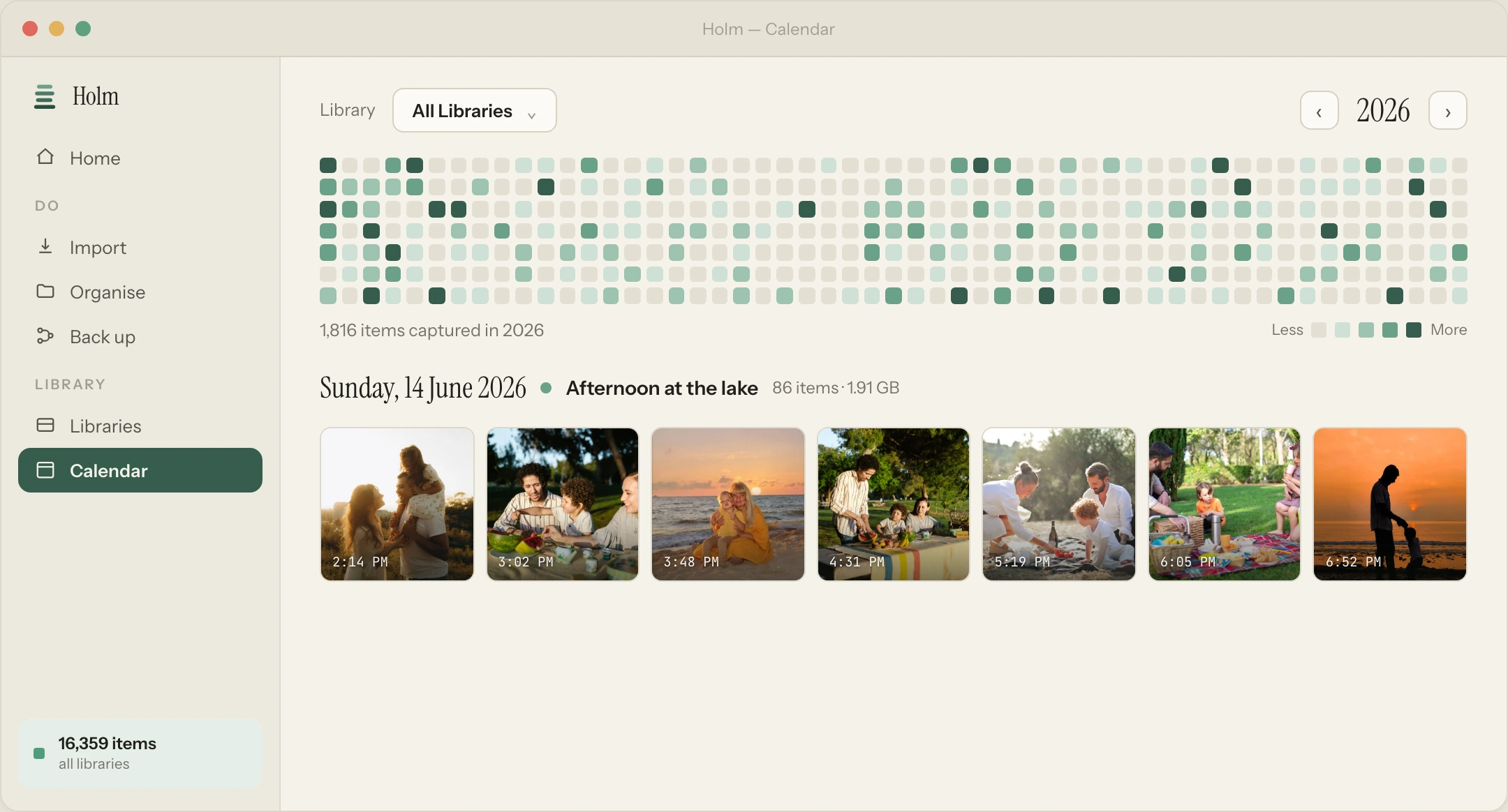 Holm Calendar screen: a year heatmap of capture activity with a day of photos opened below.